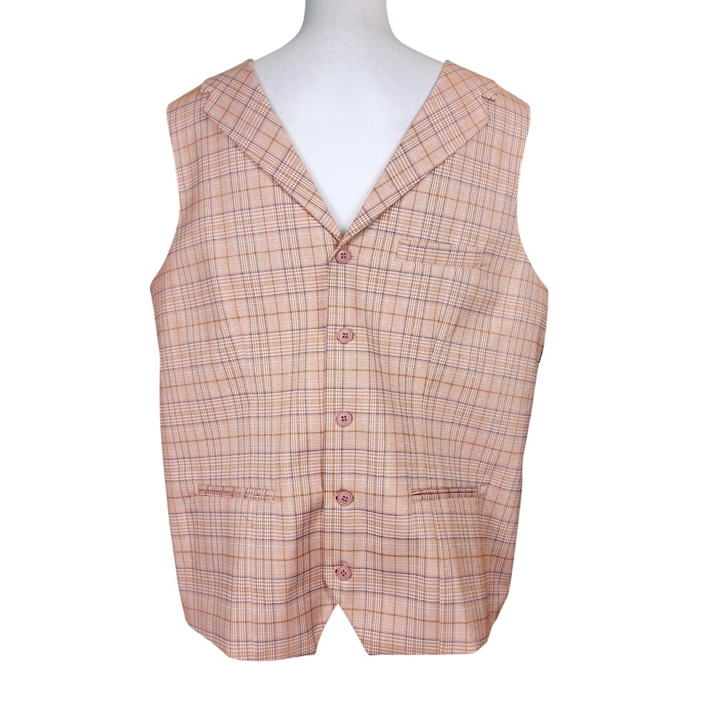 Barry Wang Mens Silk Plaid Vest Waistcoat Peach Blue Large Wedding Office Preppy
